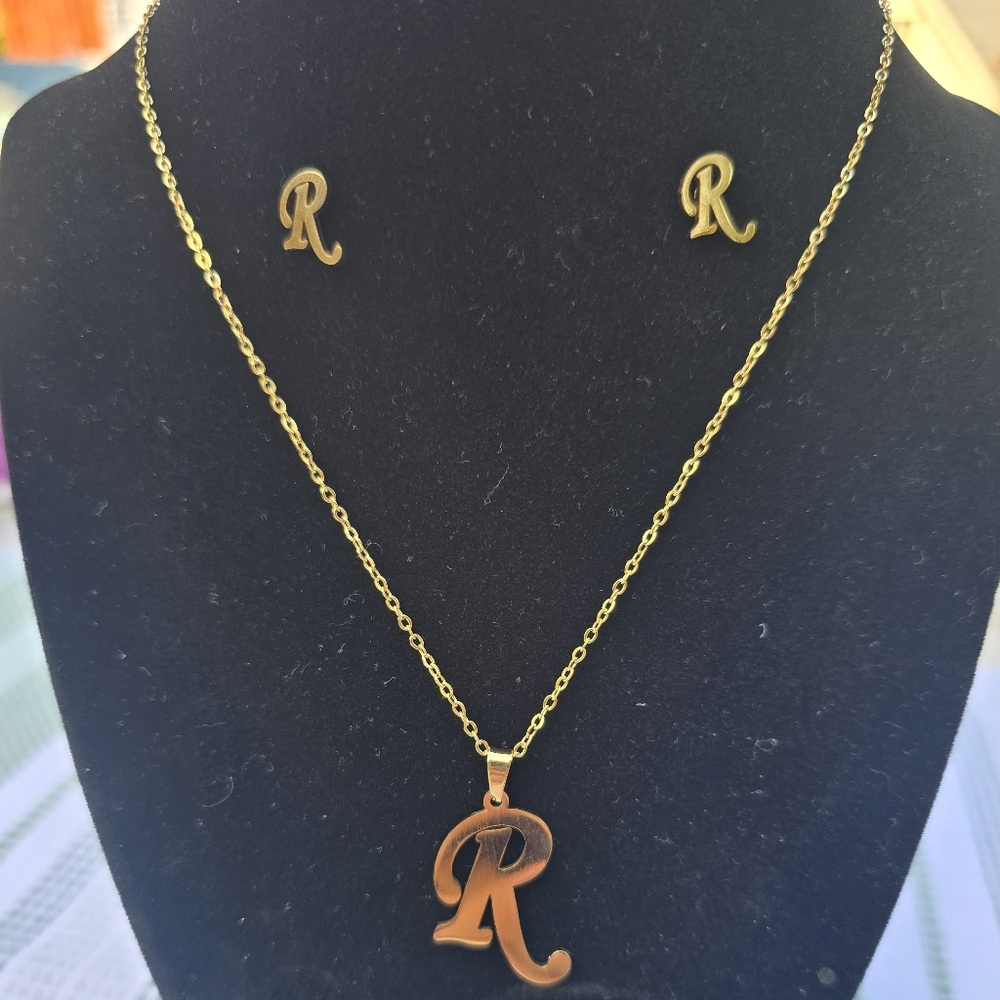 Stainless Steel R Initial Necklace and Earring Set